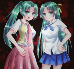 Rule 34 | 2girls, absurdres, blouse, blush, bow, bowtie, breasts, collared shirt, contrapposto, fumiusui, green eyes, green hair, hand on own hip, highres, higurashi no naku koro ni, large breasts, long hair, looking at viewer, multiple girls, necktie, open mouth, pleated skirt, ponytail, red background, red neckwear, red skirt, ribbon, school uniform, shirt, siblings, sisters, skirt, smile, sonozaki mion, sonozaki shion, splatter background, twins, white shirt, yellow ribbon