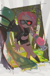 Rule 34 | 2girls, :o, absurdres, agent 3 (splatoon), agent 8 (splatoon), anklet, backpack, bag, belt, black bag, black belt, black cape, black footwear, black headphones, black shirt, black skirt, cape, champagnetree, crop top, facing away, feet out of frame, forest, goggles, green hair, headphones, highres, holding, holding weapon, inkling, jewelry, knees together feet apart, long hair, looking at another, midriff, miniskirt, multiple girls, nature, navel, nintendo, octoling, octoling girl, octoling player character, octoshot (splatoon), one eye covered, open mouth, outdoors, red hair, shirt, single sleeve, skirt, splatoon (series), splatoon 2, splatoon 2: octo expansion, suction cups, tentacle hair, thigh belt, thigh strap, tree, twintails, v-shaped eyebrows, very long hair, weapon, white eyes, wide-eyed, zipper