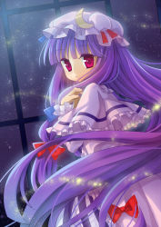 Rule 34 | 1girl, aries (constellation), book, cancer (constellation), constellation, crescent, dress, female focus, gradient background, hair ribbon, hat, highres, holding, leo (constellation), libra (constellation), long hair, looking at viewer, looking back, night, patchouli knowledge, purple eyes, purple hair, ribbon, silveroid, sky, solo, star (sky), starry sky, touhou, very long hair, window