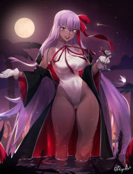 Rule 34 | 1girl, artist name, bare shoulders, bb (fate), bb (fate) (all), bb (swimsuit mooncancer) (fate), bb (swimsuit mooncancer) (third ascension) (fate), black coat, bow, breasts, coat, cocktail glass, covered navel, cup, drinking glass, fate/grand order, fate (series), full moon, gloves, hair between eyes, hair bow, highleg, highleg leotard, highres, holding, holding cup, large breasts, leotard, light purple hair, long hair, looking at viewer, moon, night, off shoulder, open mouth, outdoors, purple eyes, red bow, red ribbon, ribbon, ryairyai, smile, solo, star (sky), swimsuit, very long hair, wading, water, wet, white gloves, white leotard