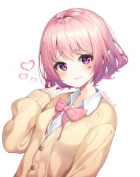 Rule 34 | 1girl, :3, bad id, bad pixiv id, blush, bow, bowtie, breasts, brown cardigan, buttons, cardigan, collared shirt, facial mark, fang, hand up, heart, long sleeves, looking at viewer, lucid (maplestory), maplestory, pink bow, pink bowtie, pink hair, pointy ears, purple eyes, school uniform, shirt, short hair, sidelocks, simple background, small breasts, smile, solo, twitter username, undershirt, upper body, white background, white shirt, yaya (yayaa 00)