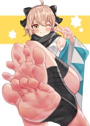 Rule 34 | 1girl, :q, absurdres, barefoot, black scarf, fate/grand order, fate (series), feet, foot focus, foreshortening, he c92, highres, japanese clothes, kimono, looking at viewer, no shoes, okita souji (fate), okita souji (koha-ace), one eye closed, scarf, shinsengumi, short kimono, sitting, sleeveless, sleeveless kimono, smile, soles, solo, spread toes, toenails, toes, tongue, tongue out, v