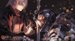Rule 34 | absurdres, armor, ashen one (dark souls 3), bad id, bad pixiv id, blonde hair, character name, copyright name, dark souls (series), dark souls i, fire, fire keeper, highres, jellycarrot, long hair, mask, sword, weapon
