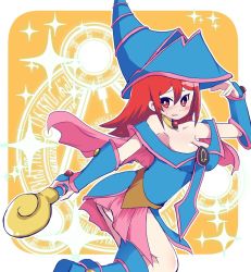 Rule 34 | 1girl, bare shoulders, blue footwear, blue hat, blush, breasts, chariot du nord, choker, cleavage, cosplay, dark magician girl, dark magician girl (cosplay), hair between eyes, hat, highres, holding, holding wand, hys-d, large breasts, little witch academia, long hair, looking at viewer, red eyes, red hair, shiny chariot, solo, wand, wizard hat, yu-gi-oh!