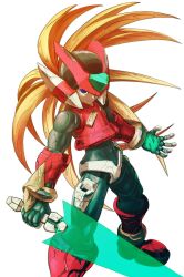 Rule 34 | 1boy, absurdres, adapted costume, armor, battle damage, blue eyes, clenched teeth, energy sword, foot out of frame, forehead jewel, hashtag-only commentary, helmet, hi-go!, highres, holding, holding sword, holding weapon, male focus, mega man (series), mega man zero (series), mega man zero 4, red armor, red helmet, simple background, solo, sword, teeth, weapon, white background, z saber, zero(z) (mega man), zero (mega man)