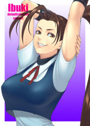 Rule 34 | 1girl, arms up, breasts, brown eyes, brown hair, character name, grin, ibuki (street fighter), ken19941028, long hair, ponytail, smile, solo, street fighter, street fighter v, upper body, very long hair