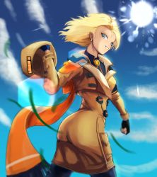 Rule 34 | 1girl, absurdres, android 18, ass, black gloves, black legwear, blonde hair, blue eyes, blue sky, brown dress, cheymix, clenched hand, commentary, cosplay, day, dragon ball, dragonball z, dress, earrings, english commentary, fingerless gloves, gloves, guilty gear, guilty gear strive, hat, unworn hat, unworn headwear, highres, holding, holding clothes, holding hat, jewelry, lens flare, lens flare abuse, looking at viewer, millia rage, millia rage (cosplay), orange scarf, scarf, short hair, sky, solo, sun, twisted torso