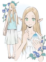 Rule 34 | 1girl, alternate costume, bag, blonde hair, blue flower, blush, dress, dungeon meshi, elf, flower, food, frs2, green eyes, highres, holding, long hair, marcille donato, multiple views, open mouth, pointy ears, sandals, shaved ice, shirt, simple background, skirt, smile, standing, tank top, white background, white dress, white shirt, white skirt