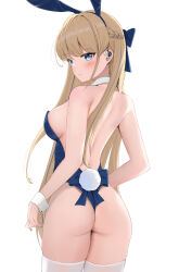 Rule 34 | 1girl, absurdres, animal ears, ass, backless leotard, bare back, bare shoulders, blonde hair, blue archive, blue bow, blue eyes, blue hairband, blue leotard, blue nails, bow, bowtie, braid, breasts, closed mouth, cowboy shot, detached collar, earpiece, fake animal ears, from behind, hairband, highleg, highleg leotard, highres, leotard, long hair, looking back, medium breasts, neruki (ntme), no halo, official alternate costume, official alternate hairstyle, playboy bunny, rabbit ears, rabbit tail, simple background, solo, tail, thighhighs, thighs, toki (blue archive), toki (bunny) (blue archive), very long hair, white background, white thighhighs, wrist cuffs