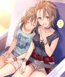 Rule 34 | 10s, 2girls, bare arms, black shirt, blue shirt, blush, breasts, brown hair, cleavage, clothes around waist, collar, collarbone, eyebrows, closed eyes, finger to mouth, fukahire, fukahire (ruinon), green eyes, hair between eyes, hands on thighs, idolmaster, idolmaster cinderella girls, kimura natsuki, leaning on person, leaning to the side, medium breasts, multiple girls, off-shoulder shirt, off shoulder, open mouth, patterned clothing, seatbelt, shirt, shirt around waist, short hair, shorts, shushing, side-by-side, sitting, sleeping, sleeping on person, speech bubble, tada riina, whispering, wristband