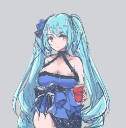 Rule 34 | blue dress, blue flower, blue hair, bow, breasts, cleavage, cup, dress, dress bow, drill hair, flower, goddess of victory: nikke, hair flower, hair ornament, halter dress, halterneck, holding, holding cup, large breasts, light blue hair, long hair, looking at viewer, official alternate costume, privaty (banquet princess) (nikke), privaty (nikke), sketch, twintails, vee (mijudraws), very long hair, yellow eyes