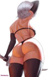 Rule 34 | 1girl, artist name, ass, ass focus, back, bikini, black bikini, black gloves, black thighhighs, breasts, elbow gloves, female focus, from behind, gloves, highres, holding, holding sword, holding weapon, huge ass, katana, large breasts, leotard, nier (series), nier:automata, short hair, solo, standing, superbusty, swimsuit, sword, thick thighs, thighhighs, thighs, thong, thong leotard, underboob, weapon, white background, white hair, 2b (nier:automata)