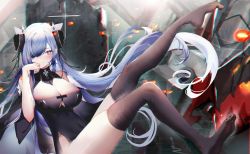Rule 34 | 1girl, absurdres, august von parseval (azur lane), azur lane, black legwear, blue eyes, breasts, chromatic aberration, cleavage, cleavage cutout, clothing cutout, cross, curled horns, dress, full body, hair over one eye, highres, horns, iron cross, large breasts, long hair, looking at viewer, robot dragon, mechanical horns, microdress, no shoes, non-humanoid robot, one eye covered, robot, robot animal, soles, thighs, throne, very long hair, xiongshouji