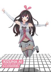 Rule 34 | 1girl, arm up, arm warmers, armpits, bare shoulders, blue eyes, blush, boots, bow, breasts, brown hair, collarbone, foreshortening, full body, hair bow, hairband, kizuna ai, lace, lace-trimmed legwear, lace trim, long hair, looking at viewer, medium breasts, navel, official art, open mouth, outstretched arm, outstretched hand, pink bow, pink hairband, ribbon, sailor collar, short shorts, shorts, simple background, smile, solo, standing, striped clothes, striped ribbon, striped thighhighs, swept bangs, tagme, teeth, thigh boots, thighhighs, vest, white background, white footwear, white shorts, white thighhighs, white vest