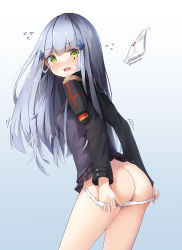 Rule 34 | 1girl, ass, blue background, blue hair, blush, bow, bow panties, breasts, brown skirt, butt crack, clothes lift, commentary, facial mark, flying sweatdrops, girls&#039; frontline, gradient background, green eyes, hair between eyes, hair ornament, highres, hk416 (girls&#039; frontline), jacket, leaning forward, long hair, long sleeves, panties, panty pull, plaid, plaid skirt, pulling own clothes, purple jacket, skirt, skirt lift, small breasts, sob (submar1089), solo, trembling, twitter username, underwear, very long hair, white background, white panties