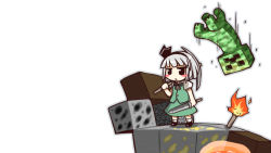 Rule 34 | 1girl, blush stickers, bow, creeper, falling, female focus, gold, hairband, konpaku youmu, minecraft, nin (sinobili), open mouth, pickaxe, silver hair, simple background, skirt, solo, sword, torch, touhou, weapon, white background
