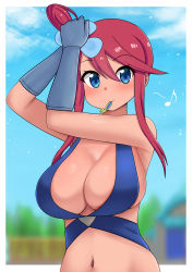 Rule 34 | 1girl, absurdres, adjusting hair, badge, bikini, blue bikini, blue eyes, blush, breasts, cleavage, commentary, creatures (company), game freak, gloves, gym leader, gym leader badge, hair ornament, highres, large breasts, looking at viewer, musical note, navel, nintendo, pokemon, pokemon bw, red hair, skyla (pokemon), smile, solo, swept bangs, swimsuit, the only shoe, tying hair