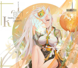 Rule 34 | artist request, breasts, destiny child, folding fan, hand fan, horns, lantern, large breasts, long hair, looking at viewer, mona (destiny child), thighs, traditional clothes, white hair