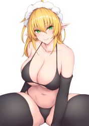 Rule 34 | 1girl, bikini, black bikini, black gloves, black thighhighs, blonde hair, breasts, cleavage, closed mouth, collarbone, elbow gloves, etan14, gloves, green eyes, hair between eyes, highres, huge breasts, long hair, looking at viewer, maid headdress, navel, original, pointy ears, simple background, sitting, smile, solo, swimsuit, thighhighs, white background