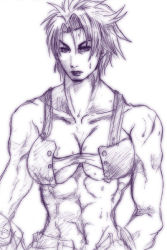 Rule 34 | 1girl, abs, bad id, bad pixiv id, bare shoulders, bloody roar, breasts, buttons, cleavage, collarbone, crop top, jeanne gado, large breasts, lips, looking at viewer, monochrome, muscular, navel, parted lips, s.yoshida (nouskjp), short hair, shoushiya biachika, simple background, sketch, solo, spiked hair, sweat, taut clothes, underboob