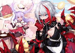 Rule 34 | &gt;:o, 2girls, absurdres, admiral graf spee (azur lane), ajax (azur lane), angry, azur lane, belt, black gloves, black legwear, blue eyes, bow, breasts, capelet, chair, claw (weapon), cleavage, closed mouth, cross, cup, dress, elbow gloves, fingerless gloves, folding chair, gloves, hat, hat bow, highres, indoors, iron cross, light purple hair, long hair, looking at another, looking back, loose belt, medium breasts, multicolored hair, multiple girls, o-ring, ocean, open mouth, pantyhose, pink eyes, scarf, shanyao jiang tororo, short hair, silver hair, sitting, small breasts, smile, spill, streaked hair, table, tea, teacup, teapot, v-shaped eyebrows, weapon, whoopee cushion, window