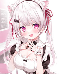 Rule 34 | 1girl, :d, alternate costume, animal ear fluff, animal ears, blush, breasts, cat ears, cleavage, commentary request, enmaided, hair ornament, hair ribbon, hairclip, hands up, highres, hisagi (puchimaple), long hair, looking at viewer, maid, maid headdress, medium breasts, nail polish, nijisanji, open mouth, pink nails, puffy short sleeves, puffy sleeves, purple eyes, red ribbon, ribbon, shiina yuika, shiina yuika (5th costume), shirt, short sleeves, smile, solo, steepled fingers, stool, twintails, upper body, virtual youtuber, white hair, white shirt