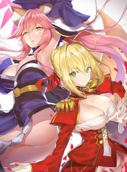 Rule 34 | 10s, 2girls, ahoge, animal ears, armpits, arms up, ass, bare shoulders, blonde hair, blue kimono, blue legwear, braid, breasts, cleavage, cleavage cutout, clothing cutout, detached collar, detached sleeves, dress, epaulettes, fate/extra, fate (series), fox ears, fox tail, french braid, green eyes, hair bun, hair intakes, hair ribbon, highres, hip focus, japanese clothes, juliet sleeves, kimono, large breasts, long hair, long sleeves, multiple girls, nero claudius (fate), nero claudius (fate) (all), nero claudius (fate/extra), open mouth, pink hair, puffy sleeves, red dress, red ribbon, ribbon, short kimono, sidelocks, single hair bun, tail, tamamo (fate), tamamo no mae (fate/extra), thighs, twintails, wide sleeves, yaman, yellow eyes