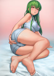 Rule 34 | 1girl, ass, barefoot, blush, breasts, c.c., cameltoe, cleft of venus, code geass, feet, full body, green hair, lasterk, legs, long hair, looking at viewer, medium breasts, open mouth, short shorts, shorts, sitting, soles, solo, sports bra, toes, yellow eyes