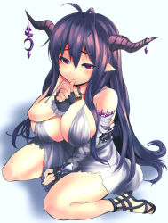 Rule 34 | 10s, 1girl, bare shoulders, black gloves, black hair, breasts, danua, detached sleeves, draph, dress, female focus, fingerless gloves, gloves, granblue fantasy, horn ornament, horns, large breasts, long hair, long sleeves, morochin (mo loss an), neckerchief, pointing, pointing at viewer, purple eyes, sitting, solo, thumb sucking, very long hair, wariza, white dress