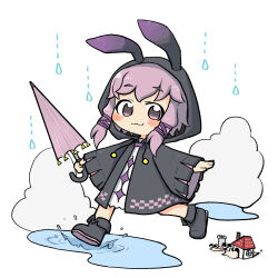 Rule 34 | 1girl, :3, animal hood, black coat, black footwear, blush, boots, chibi, closed umbrella, coat, commentary request, drawstring, dress, ebi gohan, full body, highres, holding, holding umbrella, hood, hood up, hooded coat, looking at viewer, outstretched arms, puddle, purple hair, rabbit hood, raincoat, raised eyebrows, running, short hair with long locks, simple background, snail, solo, splashing, spread arms, umbrella, vocaloid, voiceroid, water drop, white background, white dress, yuzuki yukari, yuzuki yukari (lin)