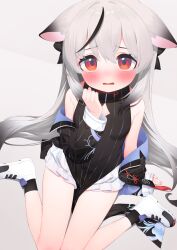 Rule 34 | 1girl, animal ears, black dress, black hair, black jacket, black socks, blue archive, blush, breasts, china dress, chinese clothes, dress, embarrassed, from above, grey hair, highres, jacket, kokona (blue archive), long hair, long sleeves, looking at viewer, multicolored hair, off shoulder, open mouth, red eyes, shoes, simple background, sitting, skirt, small breasts, socks, solo, streaked hair, striped clothes, striped dress, tofu1601, vertical-striped clothes, vertical-striped dress, very long hair, wariza, white footwear, white skirt