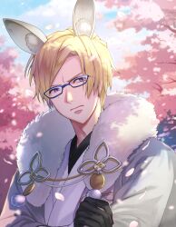 Rule 34 | 1boy, a3!, animal ear fluff, animal ears, black gloves, blonde hair, cherry blossoms, day, fur scarf, furuichi sakyou, glasses, gloves, highres, japanese clothes, kimono, light frown, looking at viewer, male focus, outdoors, rabbit ears, short hair, solo, taka banyaaa, upper body