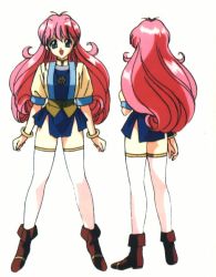Rule 34 | 1990s (style), 1girl, blue hair, boots, concept art, full body, jewelry, long hair, megami paradise, multiple views, necklace, open mouth, pink hair, retro artstyle, rurubell, simple background, smile, thighhighs, turnaround, white background, white thighhighs, yoshizane akihiro, zettai ryouiki