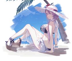Rule 34 | 1girl, ass, back, bad id, bad pixiv id, bikini, bird, black bikini, blue sky, bracelet, breasts, closed mouth, cloud, cloudy sky, coconut tree, commentary, day, full body, hair between eyes, hat, jewelry, long hair, looking at viewer, medium breasts, naomasap, original, outdoors, palm tree, platform footwear, purple eyes, purple hair, sarong, see-through, sitting, sky, smile, solo, straw hat, swimsuit, thighs, tree, wristband