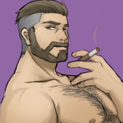Rule 34 | 1boy, alternate body hair, bara, beard, brown hair, chest hair, cigarette, collarbone, creatures (company), dounoo, facial hair, game freak, large pectorals, looking at viewer, looking to the side, male focus, mature male, muscular, muscular male, nintendo, nipples, nude, pectorals, pokemon, pokemon sv, purple background, short hair, smoke, smoking, solo, thick eyebrows, turo (pokemon), undercut, upper body