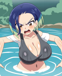 1girl anger anger_vein bare_shoulders black_choker black_shirt blue_hair bob_cut breasts brown_eyes choker cleavage creatures_(company) crop_top denim floating game_freak grey_shirt highres hitokiwa_kenchin large_breasts loose_hair_strand midriff multicolored_hair nintendo parody perrin_(pokemon) pokemon pokemon_sv ranma_1/2 ribbed_shirt river shirt sleeveless sleeveless_shirt solo tagme two-tone_hair undershirt water wet wet_clothes