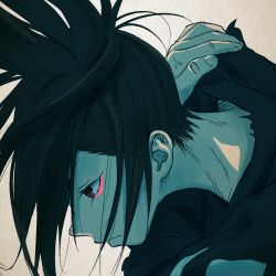Rule 34 | 1boy, akagi (fmttps), bad id, bad pixiv id, black hair, close-up, closed mouth, dororo (tezuka), eyeliner, from side, hair over face, hyakkimaru (dororo), makeup, male focus, ponytail, portrait, profile, simple background, solo