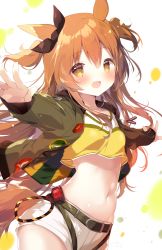 Rule 34 | 1girl, :d, animal ears, belt, belt buckle, black belt, black ribbon, blush, breasts, brown eyes, brown hair, buckle, commentary request, crop top, green jacket, hair between eyes, hair ribbon, highres, horse ears, horse girl, horse tail, jacket, long hair, long sleeves, looking at viewer, mayano top gun (umamusume), midriff, navel, open clothes, open jacket, open mouth, outstretched arms, ribbon, shiratama (shiratamaco), shirt, short shorts, shorts, sleeves past wrists, small breasts, smile, solo, spread arms, tail, two side up, umamusume, very long hair, white background, white shorts, yellow shirt