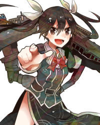 Rule 34 | 10s, 1girl, bad id, bad nicoseiga id, blush, brown eyes, brown hair, cannon, catapult, elbow gloves, gloves, hair ribbon, itomugi-kun, kantai collection, long hair, open mouth, pelvic curtain, personification, ribbon, short sleeves, single elbow glove, smile, solo, tone (kancolle), tone kai ni (kancolle), turret, twintails