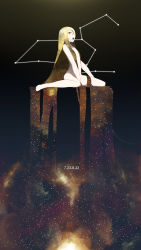 Rule 34 | 1girl, absurdly long hair, barefoot, black background, blonde hair, brown eyes, constellation, from side, gradient hair, highres, leo (constellation), leo (zodiac), long hair, looking at viewer, multicolored hair, nude, open mouth, original, solo, uta (xuyansong1996), very long hair, zodiac
