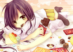 Rule 34 | 1girl, amane kurumi, bed, black thighhighs, blush, body pillow, candy, chocolate, chocolate bar, food, highres, holding, lollipop, long hair, looking at viewer, lying, mouth hold, on stomach, open mouth, original, pillow, purple hair, skirt, solo, thighhighs, yellow eyes