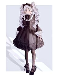 Rule 34 | 1girl, :o, alternate costume, black bow, black bowtie, black dress, black footwear, bow, bowtie, brown pantyhose, cross-laced clothes, cross-laced dress, cross-laced sleeves, dress, drill hair, earrings, elf, frieren, frilled hairband, frills, full body, gothic lolita, grey background, grey hair, hair bow, hair over shoulder, hairband, highres, jewelry, lolita fashion, long hair, long sleeves, looking at viewer, official alternate hairstyle, omichi 1219, outside border, pantyhose, pendant, pointy ears, puffy long sleeves, puffy sleeves, shoes, short dress, short eyebrows, solo, sousou no frieren, standing, twin drills, twintails, white hair