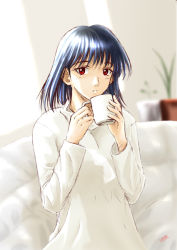 Rule 34 | 00s, 1girl, blue hair, cup, holding, holding cup, mug, plant, potted plant, red eyes, school rumble, shirt, solo, tsukamoto yakumo, upper body, white shirt