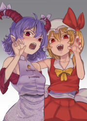 Rule 34 | 2girls, absurdres, back bow, bare shoulders, blonde hair, blue hair, blue nails, blue skirt, blue vest, bow, bowtie, collarbone, detached sleeves, fangs, fingernails, flandre scarlet, gradient background, grey background, hat, highres, horn ornament, horn ribbon, horns, kaden (muxt8423), looking at viewer, meandros, mob cap, multiple girls, nail polish, no wings, open mouth, patterned clothing, pointy ears, rectangular pupils, red eyes, red horns, red nails, red shirt, red skirt, ribbon, sharp fingernails, sharp teeth, shirt, side ponytail, simple background, skirt, sleeveless, sleeveless shirt, slit pupils, teeth, touhou, toutetsu yuuma, vest, white background, white headwear, yellow bow, yellow bowtie