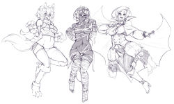 Rule 34 | 3girls, :d, animal ears, anklet, bandages, bandaged arm, bandaged leg, bandages, barbariank, bikini, blush, boots, bracelet, breasts, cape, capelet, claws, cosplay, dark-skinned female, dark skin, earrings, fangs, fishnet top, fishnets, garter straps, greyscale, high heel boots, high heels, horns, jewelry, knee boots, large breasts, looking at viewer, medium breasts, monochrome, monster girl, multiple girls, mummy, mummy (cosplay), navel piercing, open mouth, original, piercing, pointy ears, puffy sleeves, short hair, showgirl skirt, side-tie bikini bottom, simple background, single horn, sketch, smile, swimsuit, tail, thighhighs, vampire costume