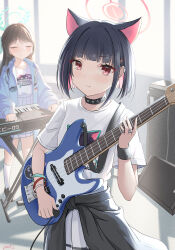 Rule 34 | 2girls, absurdres, airi (band) (blue archive), airi (blue archive), animal ears, bass guitar, black choker, black hair, blue archive, blue jacket, blush, cat ears, choker, closed eyes, closed mouth, colored inner hair, extra ears, fritz614, green halo, halo, highres, holding, holding instrument, instrument, jacket, kazusa (band) (blue archive), kazusa (blue archive), keyboard (instrument), long hair, long sleeves, looking at viewer, multicolored hair, multiple girls, official alternate costume, open clothes, open jacket, pink hair, pink halo, pleated skirt, red eyes, shirt, short sleeves, skirt, smile, white shirt, white skirt