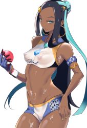 Rule 34 | 1girl, akire (akireru shoujo), aqua eyes, armlet, armpits, bare shoulders, bikini, breasts, covered erect nipples, cowboy shot, creatures (company), crop top, cum, cum on body, cum on breasts, cum on clothes, cum on lower body, cum on upper body, dark-skinned female, dark skin, earrings, eyeliner, female focus, game freak, gloves, groin, gym leader, hair bun, hand up, highres, holding, holding poke ball, hoop earrings, jewelry, legs, long hair, looking at viewer, makeup, multicolored hair, nail polish, navel, necklace, nessa (pokemon), nintendo, nipples, parted lips, poke ball, pokemon, pokemon swsh, see-through, simple background, single glove, single hair bun, small breasts, solo, sportswear, standing, swimsuit, tankini, thighs, two-tone hair, white background, wristband, yellow nails