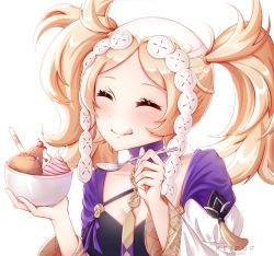 Rule 34 | 1girl, blonde hair, blush, bowl, cherry, choker, closed eyes, cosplay, dress, fire emblem, fire emblem: three houses, fire emblem awakening, food, fruit, hair ornament, ice cream, juliet sleeves, keipup, lissa (fire emblem), long sleeves, low twintails, lysithea von ordelia, lysithea von ordelia (cosplay), nintendo, parted bangs, puffy sleeves, purple dress, solo, spoon, tassel, tongue, tongue out, twintails, white background