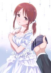 Rule 34 | 1girl, amezawa koma, blush, breasts, brown eyes, brown hair, cleavage, commentary request, crying, crying with eyes open, dress, hair tie, handkerchief, highres, holding, holding jewelry, holding necklace, idolmaster, idolmaster cinderella girls, jewelry, long hair, looking at viewer, medium breasts, mifune miyu, necklace, out of frame, parted lips, ponytail, pov, pov hands, short sleeves, solo focus, tears, two-tone background, white dress