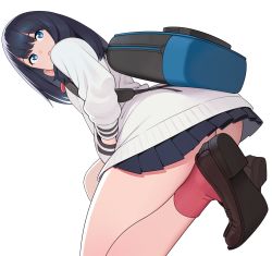 Rule 34 | 10s, 1girl, :&lt;, ass, bag, black hair, black skirt, blue eyes, bow, bowtie, cardigan, closed mouth, flat chest, from below, from side, go robots, gridman universe, hand in pocket, highres, huge ass, loafers, long hair, long sleeves, looking back, pleated skirt, red socks, school uniform, shirt, shoes, shoulder bag, simple background, skirt, socks, solo, squatting, ssss.gridman, takarada rikka, white background, white cardigan, white shirt, wide hips